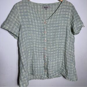 Flax Women's Light Green Plaid Button Down Shirt- 100% Linen